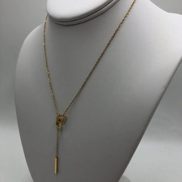 18K Gold Plated Women's Dual Interlocking Square Charm Dangle Necklace Harmony - Picture 7 of 12